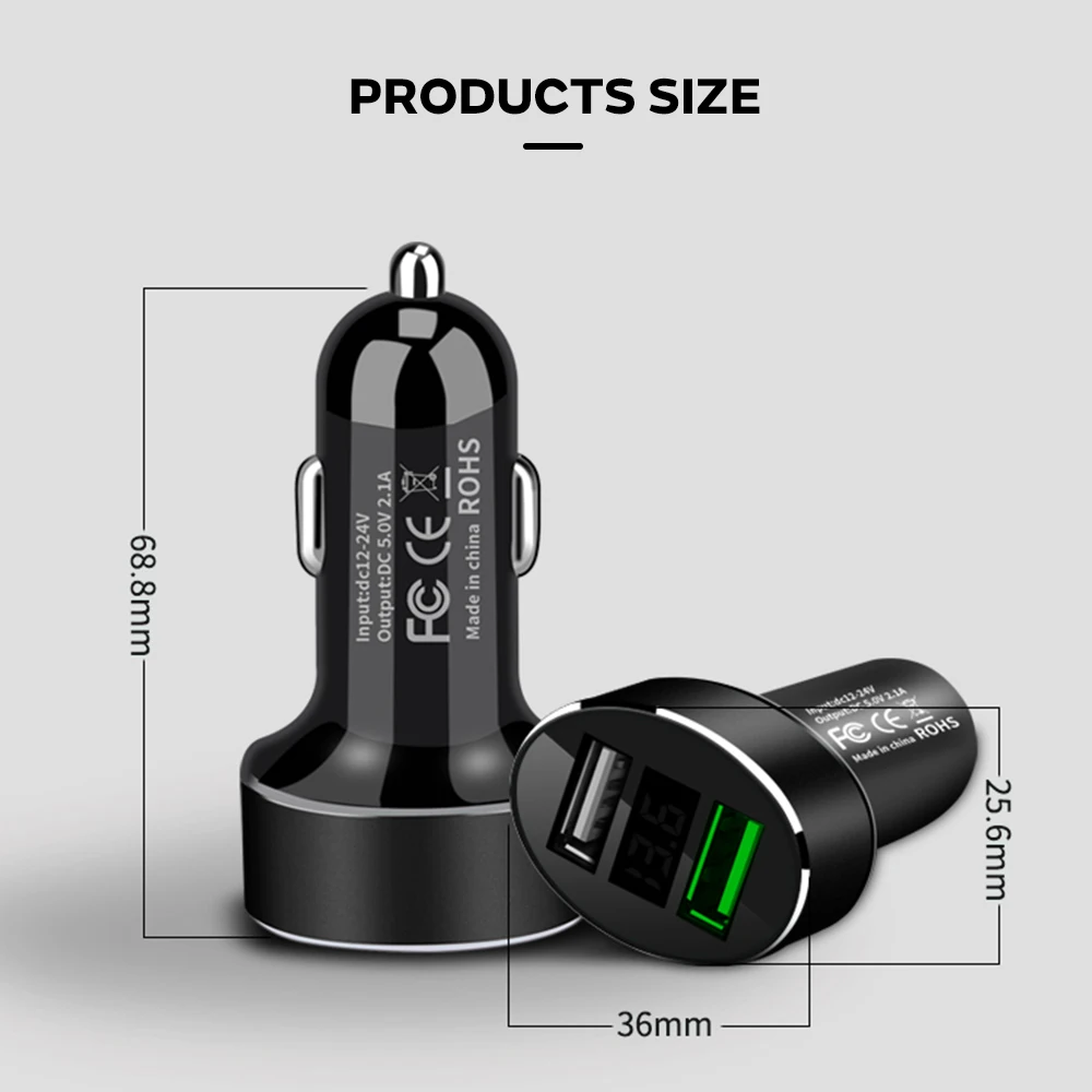 Автомобильное зарядное устройство с двумя USB, автомобильное зарядное устройство, адаптер, портативное автомобильное быстрое зарядное устройство, автомобильное зарядное устройство для мобильного телефона с дисплеем, черное прочное автомобильное зарядное устройство