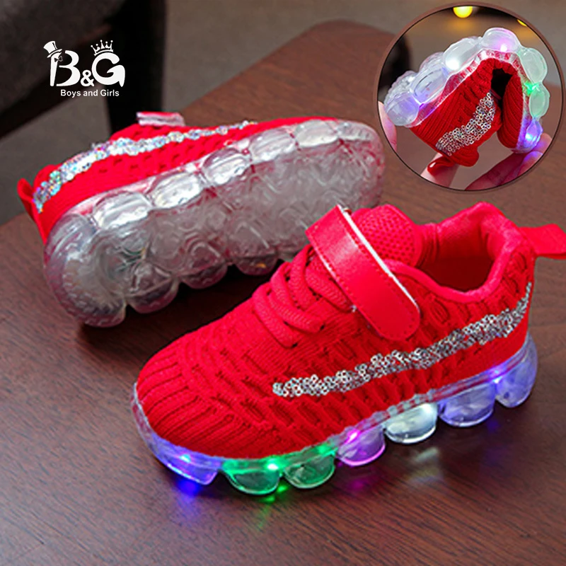 

B&G Lighted Cushion Air Running Shoes Girl LED Light Children's Shoes Breathable Flyknit Boys Sneakers Anti-slip
