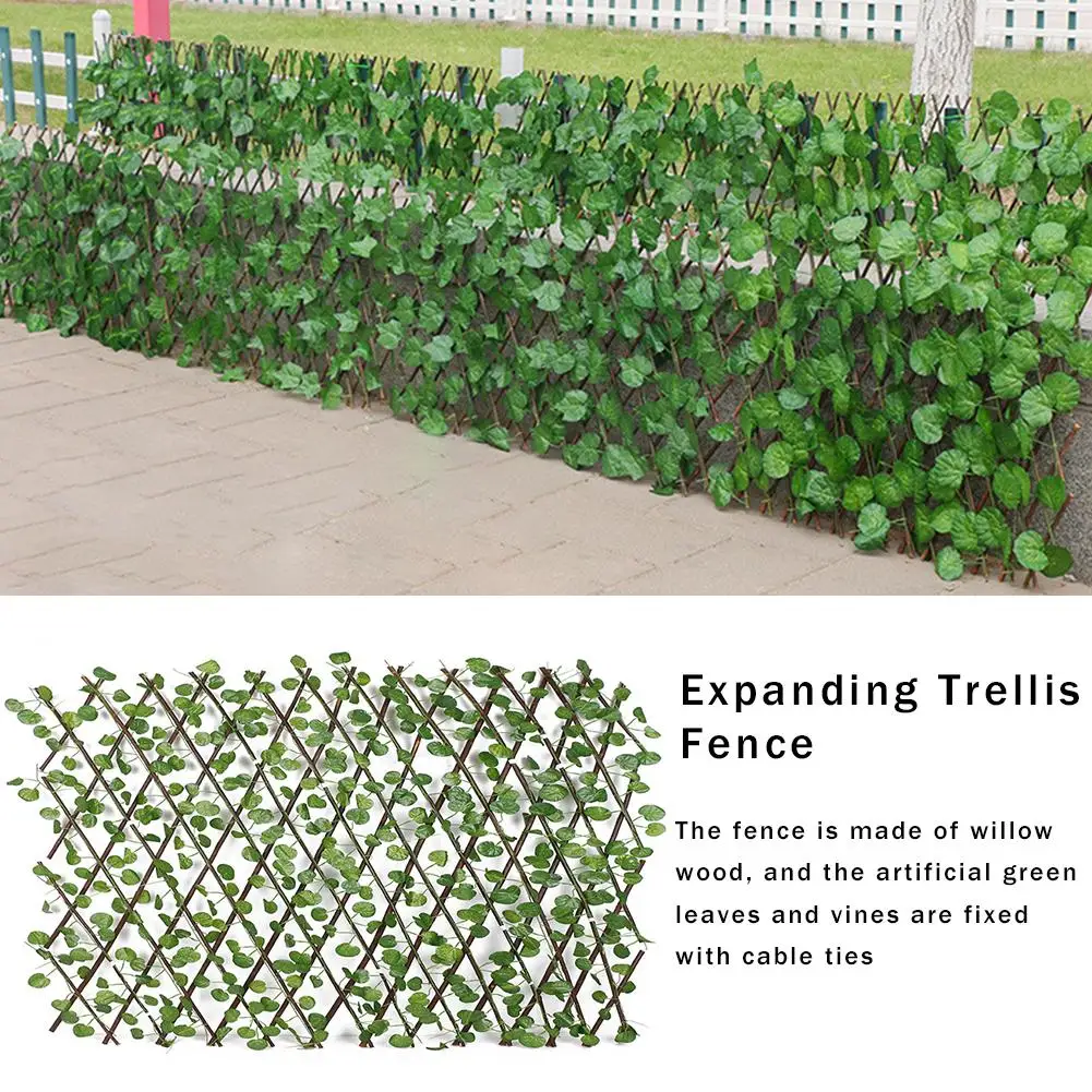 4x Garden Screening Trellis Expanding Wooden-Fence With Artificial Plant-Leaves 