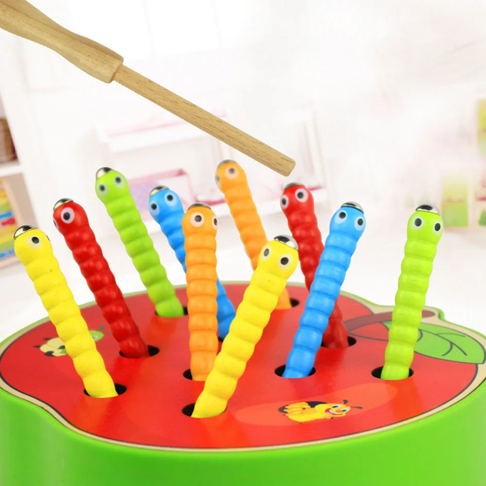 Fruit Shape Wooden Magnetic Catch Worms Game Interactive Kids Toy Gift Early Childhood Educational Toys