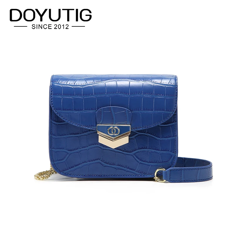 

DOYUTIG Mini Size Lady Genuine Leather Messenger Bag European Real Cow Leather Mini Saddles Metal Chains Crossbody Bags F676
