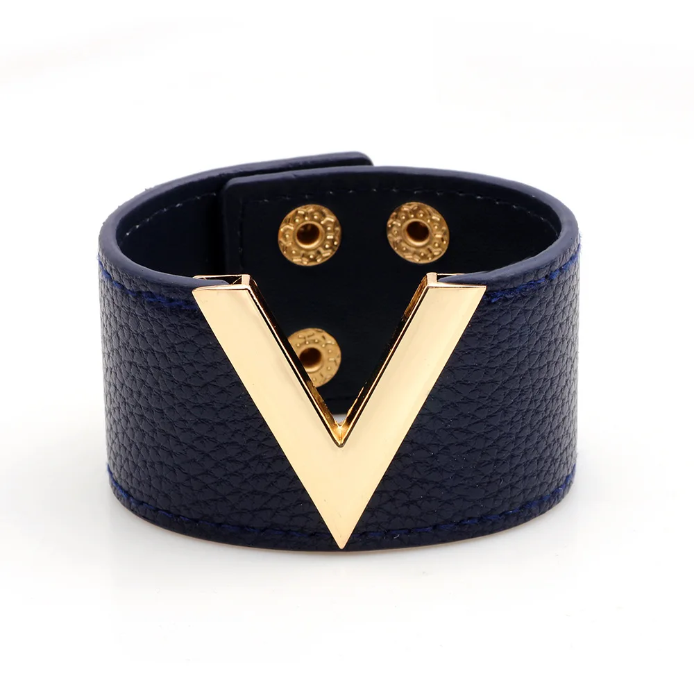 Новинка, Модный женский браслет из натуральной кожи с v-образным вырезом, простые универсальные широкие браслеты для женщин, браслеты - Окраска металла: Style1 Blue