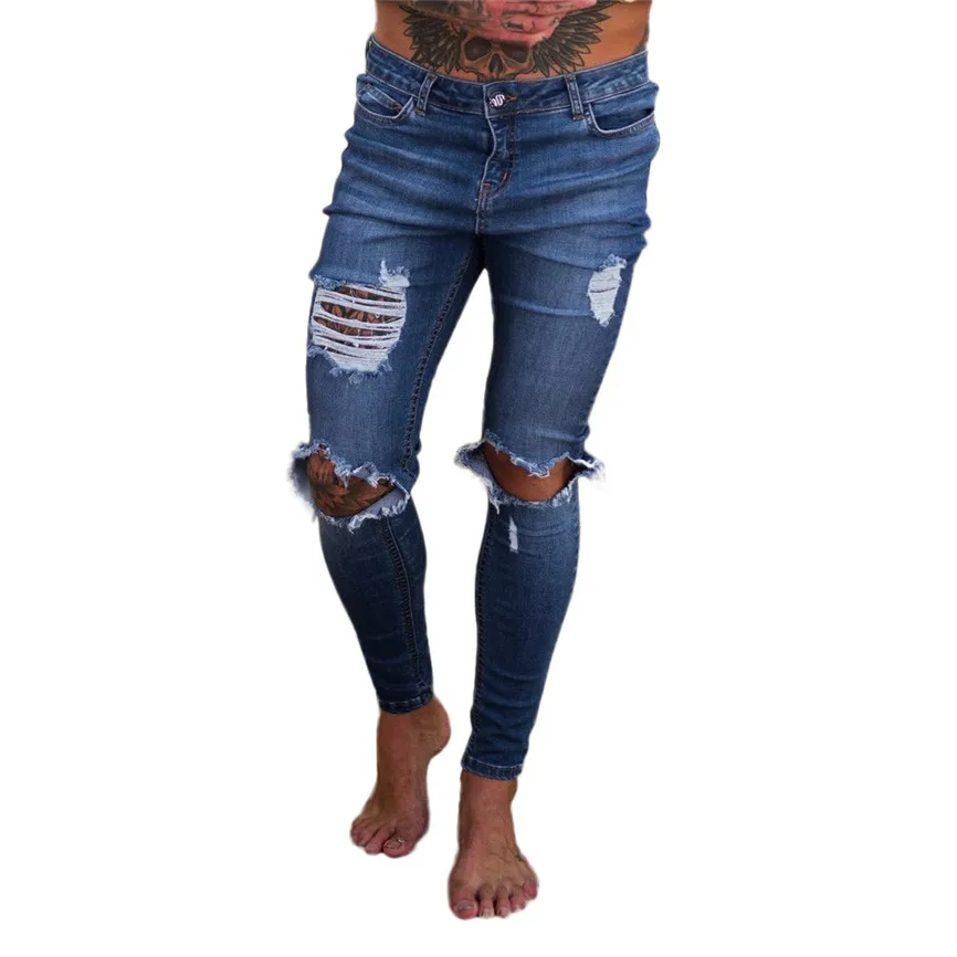 Стиль Горячая Распродажа мужские рваные облегающие джинсы с дырками для мотоцикла на молнии уличные штаны высокого качества - Цвет: Blue