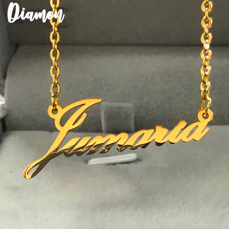 

Diamon 2020 New Stainless Steel Personalized Custom Name Necklace Mirror Surface Gold Choker Necklace Pendant Nameplate Gift