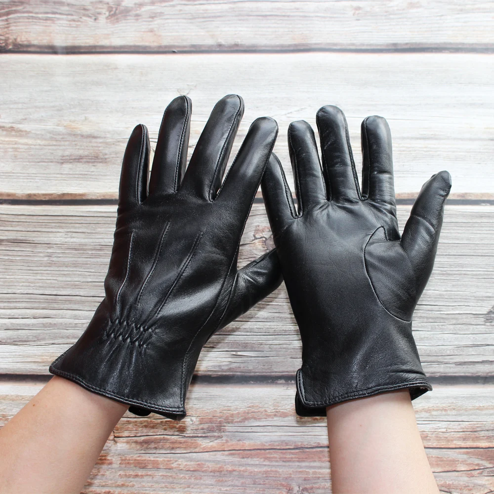 New Men Imported Sheepskin Gloves 2020 Fashion Genuine Leather Coral Fleece Lining Black High Quality Winter Mittens