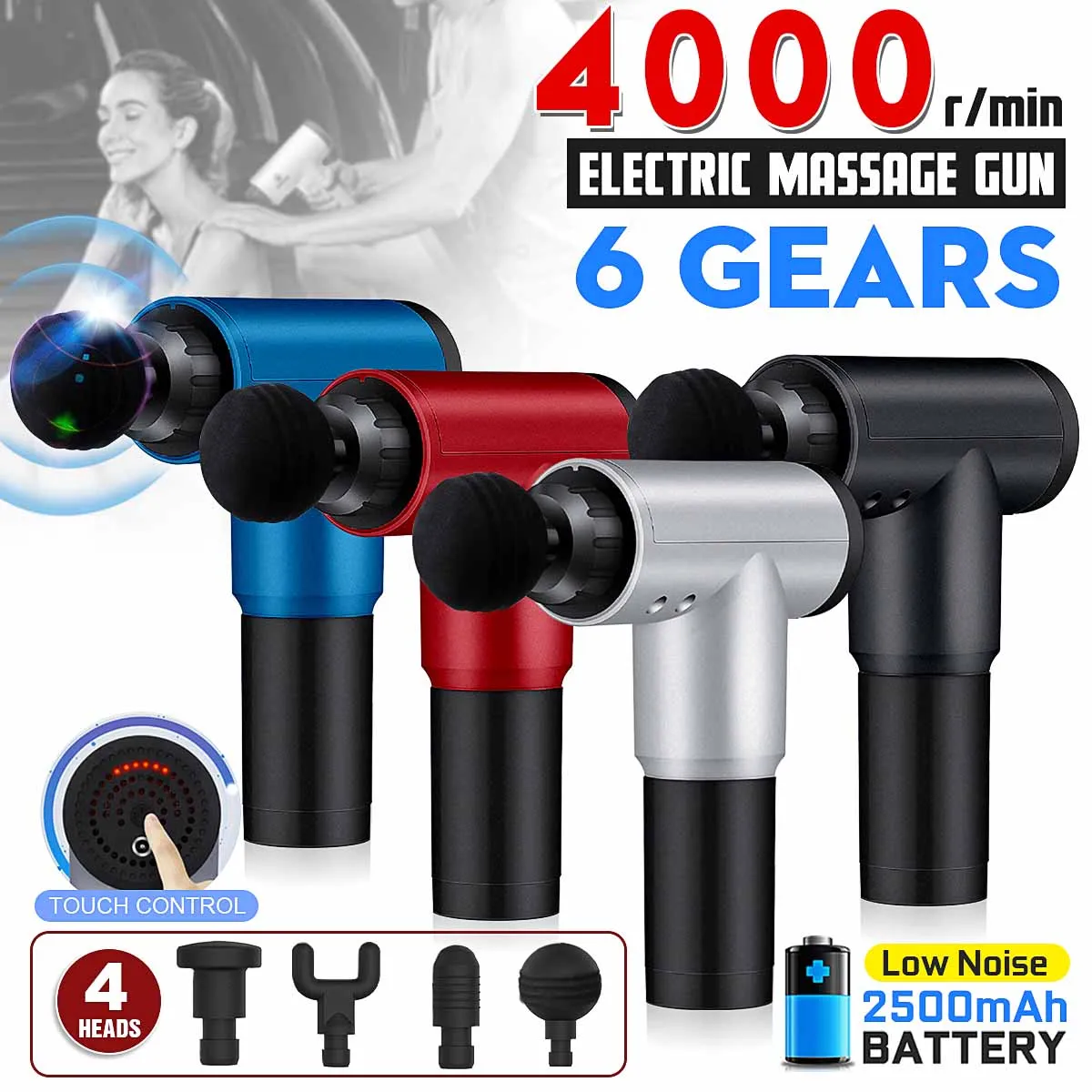 Comprar Pistolas de masaje de terapia 4000r min 6 engranajes masajeador de músculos máquina de masaje de deporte para relajar el alivio del adelgazamiento corporal con 4 cabezas