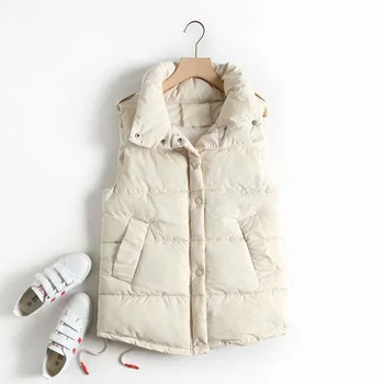 

Autumn Women Packable Lightweight Down Vest Winter Stand Collar Women's Vest Drawstring Cotton Single Breasted Pocket Vest