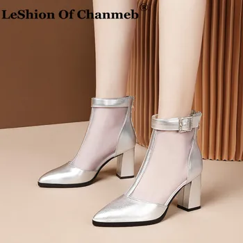 

High Quality Natural Cow Leather Boots for Spring Summer Women 2020 New Lace Mesh Crystal Buckle Wedding Party Shoes High Heels