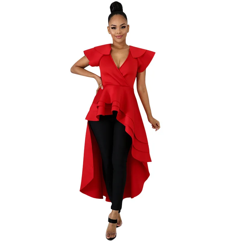 Женское платье с асимметричными оборками v-образным вырезом короткими рукавами