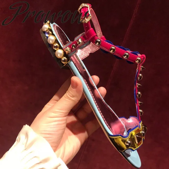 

Prowow New Pearl Beading Metal Studded Summer Sandals Open Toe Buckle Strap T Strap Flats Sandals Shoes Women