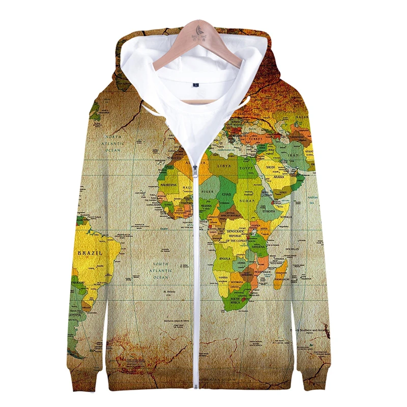  World Map 3d Print Hoodie Sport Fashion Hip Hop Men Women Zipper Hoodies Jackets Long Sleeve Haraju