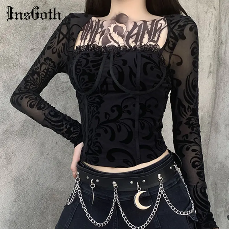 

InsGoth Harajuku Vintage Sexy Black Tops Gothic Mesh See Through Long Sleeve Tops Women Bra Build Hollow Out Autumn Basic Tops