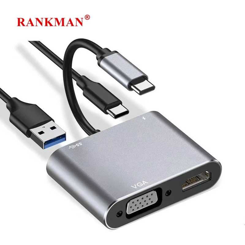 Rankman Type-C to 4K HDMI-compatible VGA USB C 3.0 Adapter Dock for MacBook Samsung S21 Dex Huawei P30 Xiaomi 11 OPPO Find 3 TV |