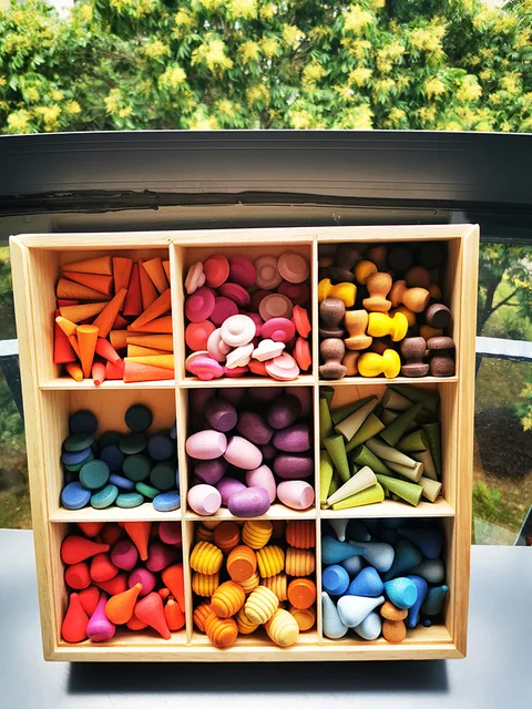 6pcs Children Wooden Rainbow Mandala Loose Parts Toys Mushrooms Honeycomb Droplets Tree Cones Mini Coins Building Blocks 5