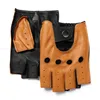 2022 NEW ARRIVAL Men Genuine Leather Semi-Finger Thin Glove Male Color Matching Locomotive Car Driving Mitten Brown Luvas ► Photo 1/6