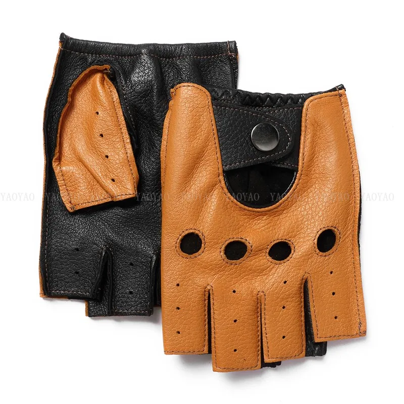 

2020 NEW ARRIVAL Men Genuine Leather Semi-Finger Thin Glove Male Color Matching Locomotive Car Driving Mitten Brown Luvas