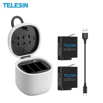 ポータブル TELESIN アリンカメラバッテリー充電器ボックスケースセット + 2 * バッテリー収納 + 充電器 + TF カードリーダー移動プロヒーロー 5/6/7 黒