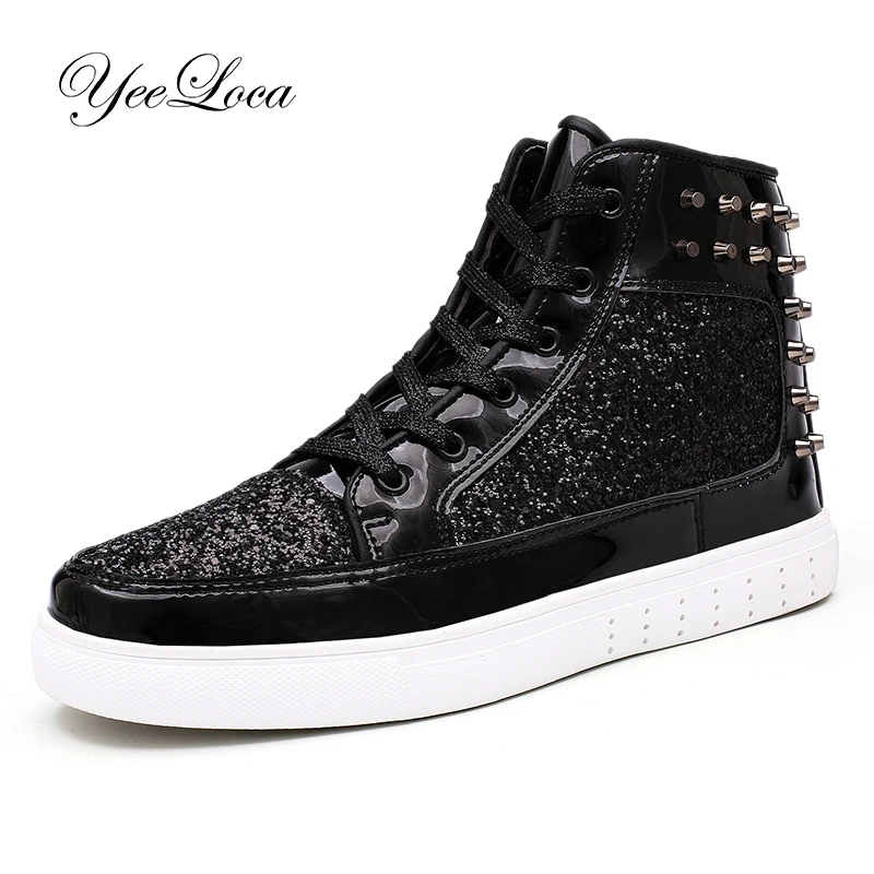 

Men Glitter Sparkly Trainers Gym Fitness Size Men High Top Sneakers Sequins High-Cut Round Toe Rivet Lurex Outdoor Skateboard