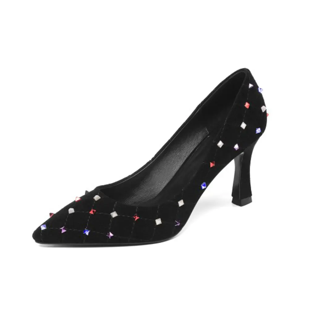 

New Fashion Genuine Leather Colorful Rivet High Heels Women's Pointed Toe Stilettos Party Wedding Office Lady's Pumps
