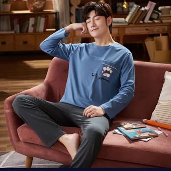 

New mens pajama set cotton pajamas sleep pants two sets of high-quality fashion print pajamas men large size home service