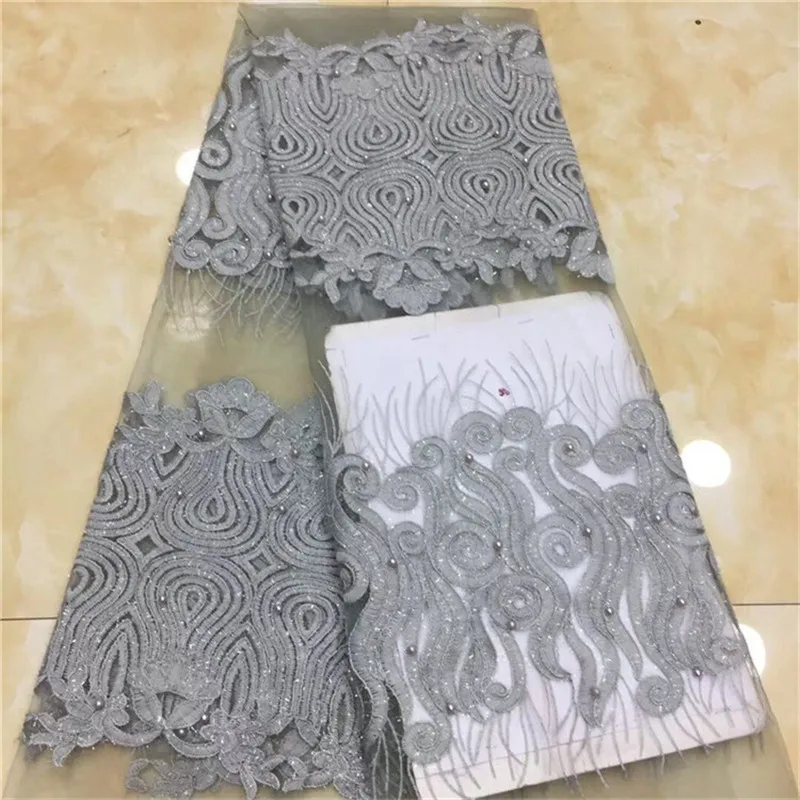 

2019 African gray Beaded Tulle Lace Fabric High High Quality sequins Lace Material Net French Embroidery Nigeria Lace Fabric