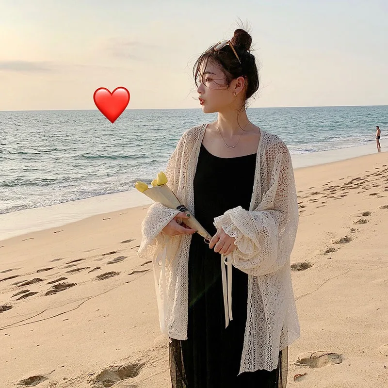 Women Lace Kimono Cardigan Summer Holiday Beach Long Boho Cardigan Korean Sweet Ladies Girls Long Sleeve Beige Lace Shirts Tops