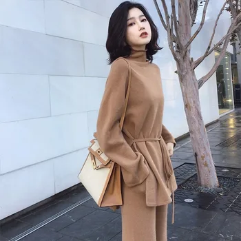 

Women's knit sweater sets belt street new fashion autumn winter hedging long sleeve high collar polyester women's two piece suit