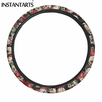 

INSTANTARTS Rose Skull Pattern Steering Wheel Cover Sugar Skull Washable Anti-Slip Car Steering Wheel Covers Smooth Protection
