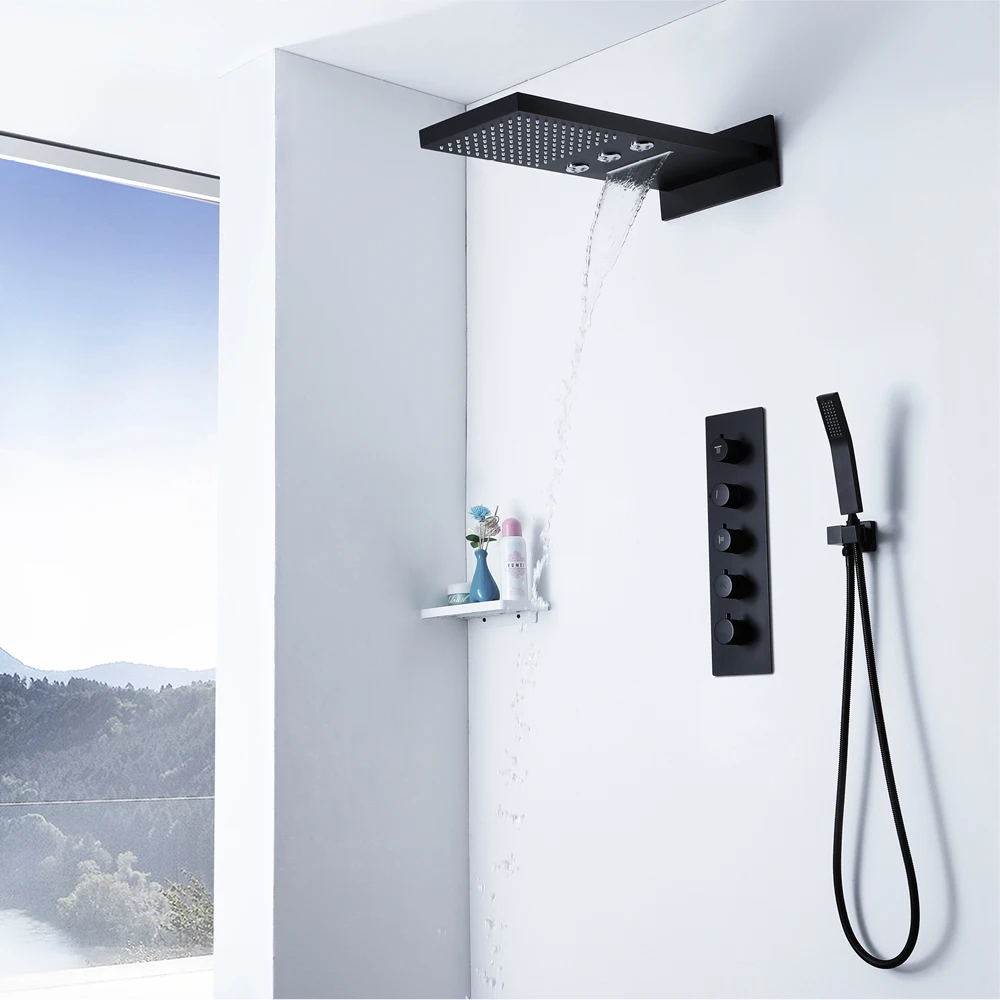 

Rainfall Waterfall Showerheads Bathroom Shower Set Big Water Flow Brass 4 Functions Thermostatic Shower Faucets