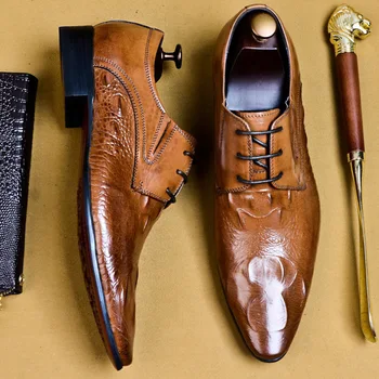 

Crocodile Pattern Men Dress Shoes Wedding Business Office Lace-Up Shoe Formal For Men Genuine Cow Leather Oxford Shoes EU 46