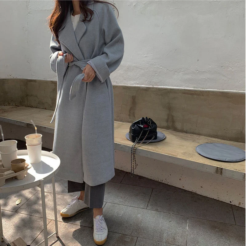 BGTEEVER Wool Blend Winter Tweed Coat Women Long Sleeve Elegant Sash Belt Femme Outwear Coat Autumn winter Overcoat Female