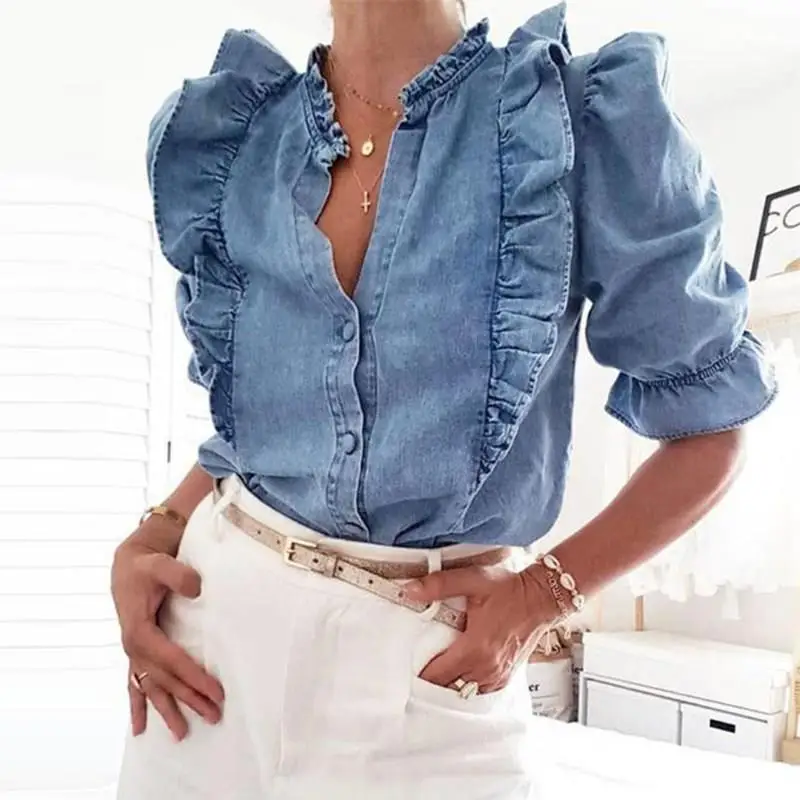 Элегантная джинсовая женская блузка с оборками, Офисная Повседневная джинсовая рубашка, однотонные базовые Топы, блуза - Цвет: Синий