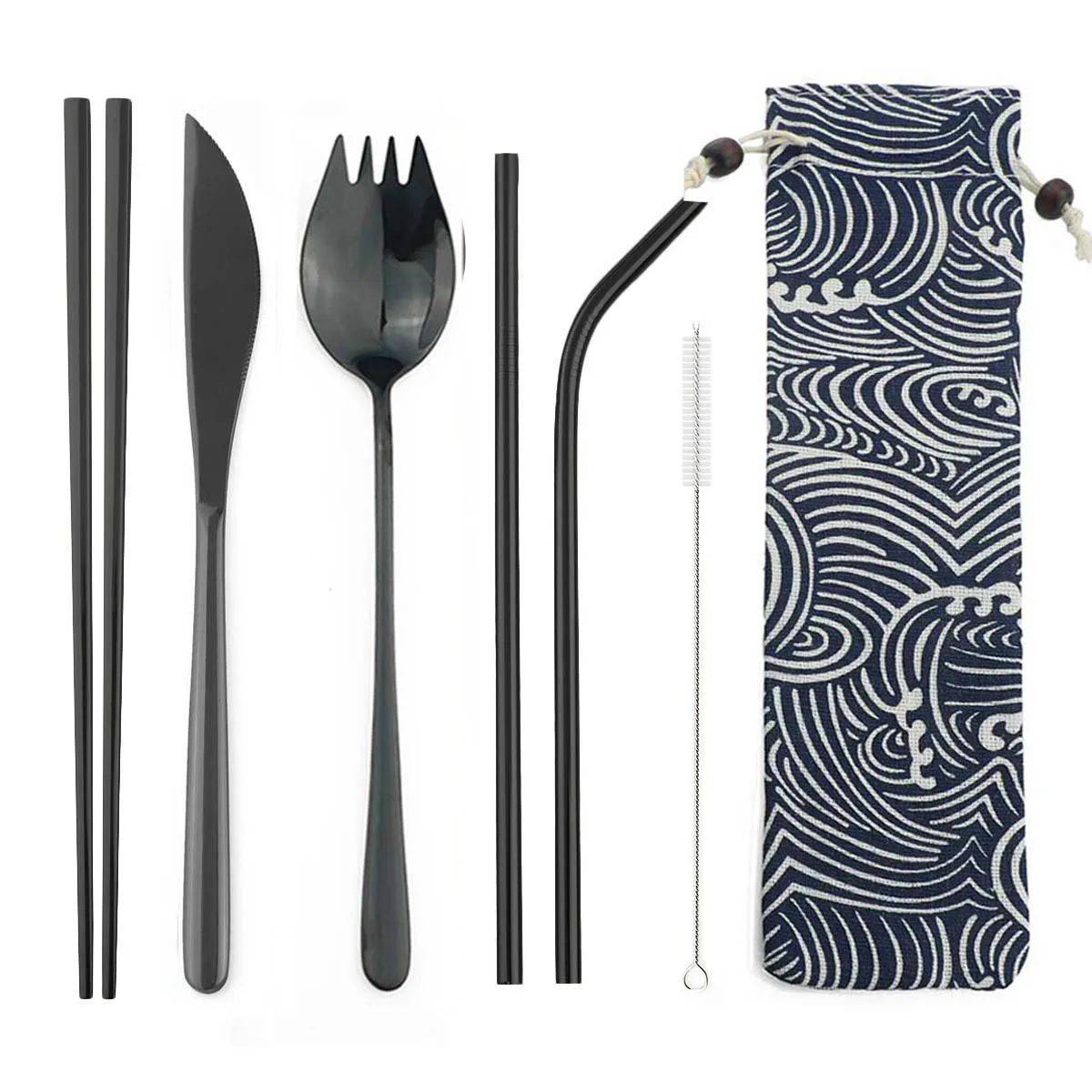 

304 Stainless Steel Dinnerware Set Spoon Fork Chopsticks Straw With Cloth Pack Cutlery For Travel Outdoor Office Picnic BBQ