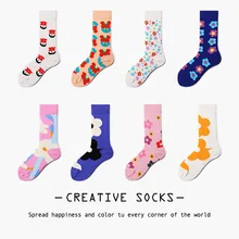 Женские хлопковые носки Harajuku новые осенние и зимние цветные Повседневные Носки с рисунком милые цветочные носки с героями мультфильмов
