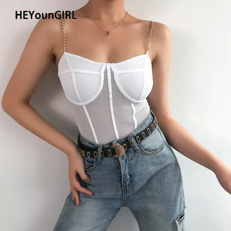

HEYounGIRL Sexy Fishnet Mesh Bodysuit Women Sleeveless Chain Strap Bodycon Jumpsuit White Backless Ladies Bodies Vintage Summer
