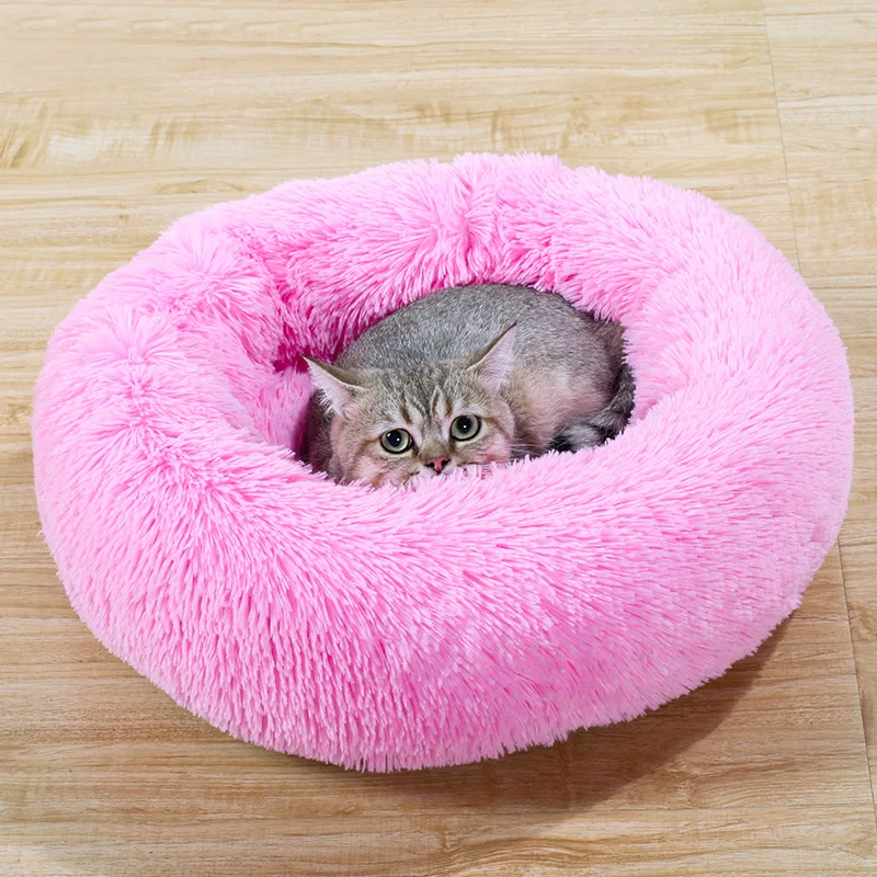 Кресло для домашних животных кошка кровать круглая, щенок Успокаивающая кровать теплый мягкий плюш круглый милый гнездо удобный спальный, Пончик кошка и собака кровать теплая кровать