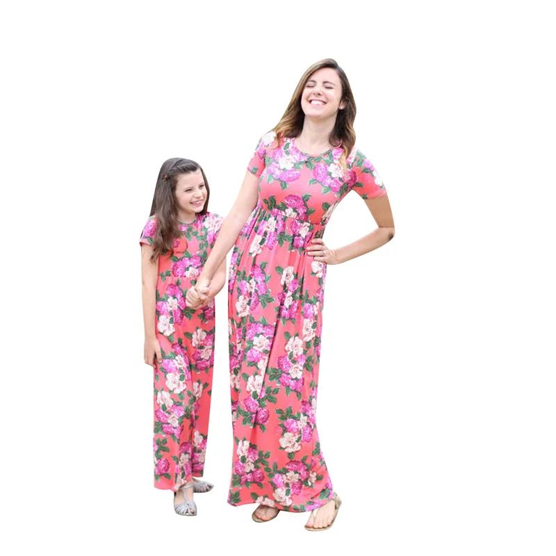 

New Mommy and Me Family Matching Clothes Autumn Spring Mother Daughter Kids Mom Daughter Dress Short Sleeve Floral Print Dresses
