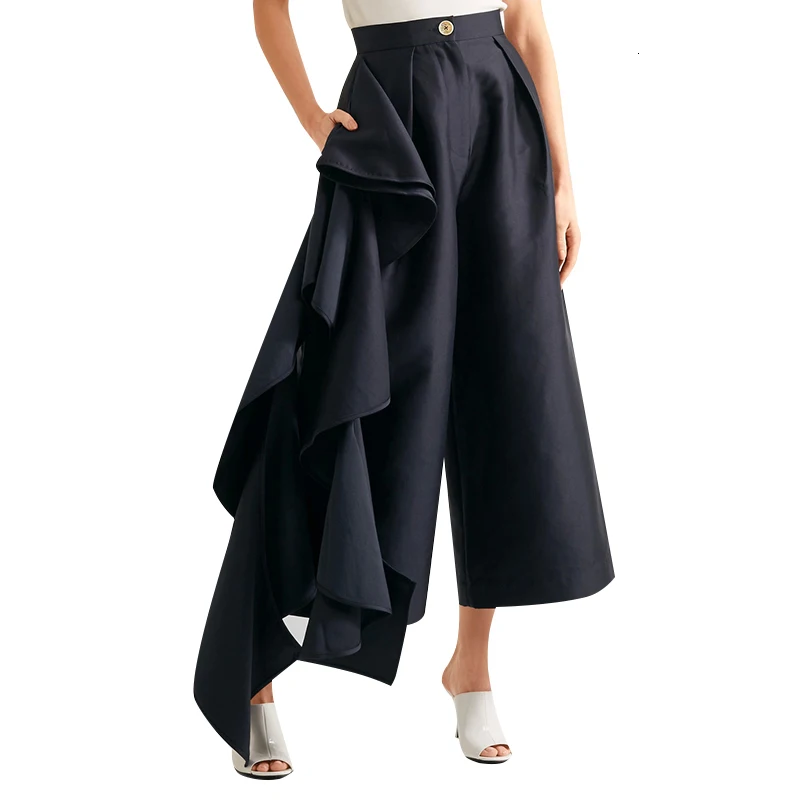 GALCAUR брюки с воланами для женщин высокая талия негабаритный Асимметричный широкие брюки женская одежда корейский осень мода