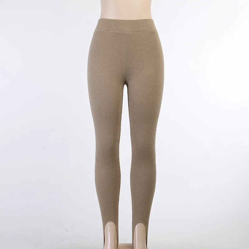 Beige Ribbed Knit Leggings Women High Waist Cotton Fitness Basic Pants Casual Spring New All-Match Female Skinny Leggings track pants