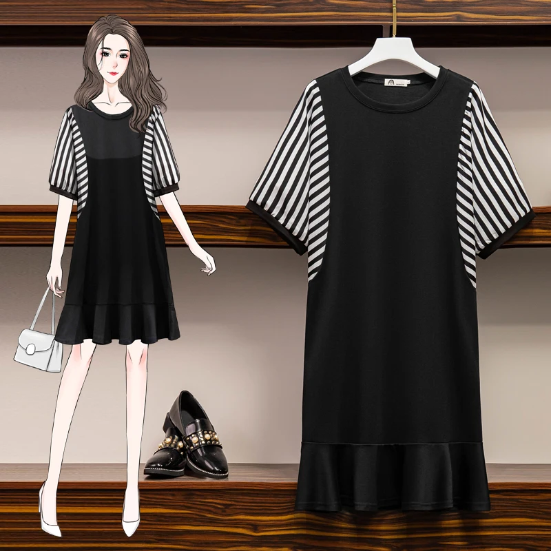 

EHQAXIN Summer Women's T-Shirt Dress Fashion Wild Striped Bat Sleeve Round Neck Straight Pullover Dresses Female L-4XL