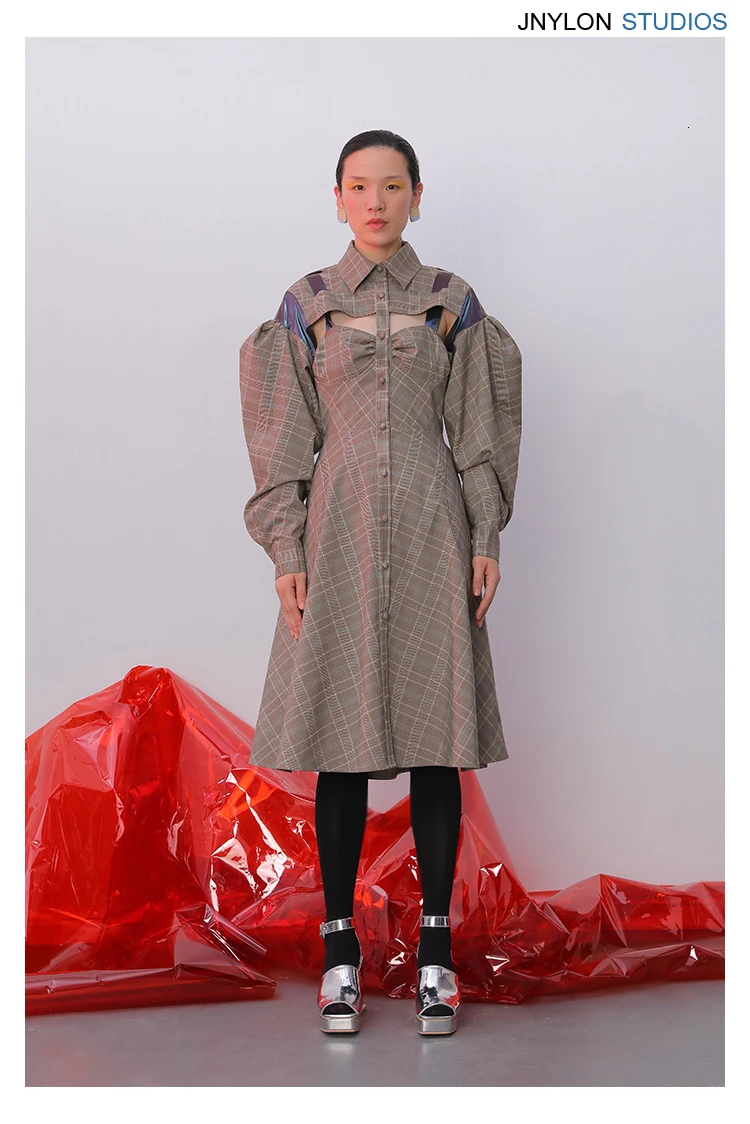autumn and winter designs new turn-down collar sexy backless plaided lantern sleeves high waist windbreaker L205