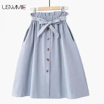 

Spring Summer High Waist Skirt Skirts Womens Temperament Solid Color Single-breasted Bow-knot Casual Comfort Plus Size Skirt