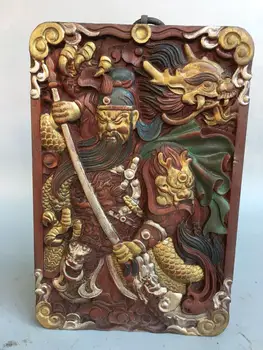 

wedding decoration China wealth auspicious Mahogany Thangka Buddha Plate Hand Carved Guan Gongguan Yu Statue Tag