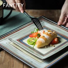 FANCITY – assiette carrée nordique en céramique créative, Simple, assiette de service pour les pâtes occidentales, assiette chinoise de légumes froids, Plat de cuisson