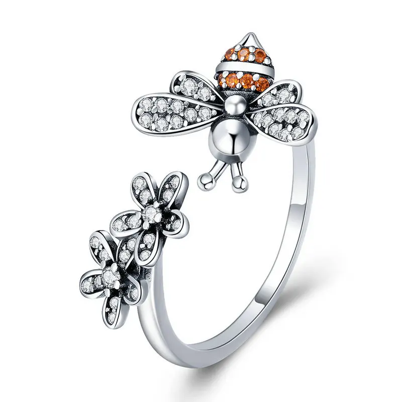 BAMOER 925 пробы серебряные трендовые кольца на палец в виде пчелы и цветка маргаритки для женщин Регулируемый размер подарок на день Святого Валентина ювелирные изделия SCR422 - Цвет камня: SCR422