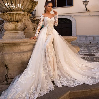 

Adoly Mey Gorgeous Appliques Detachable Train Mermaid Wedding Dresses 2020 Elegant Scoop Neck Long Sleeves Vintage Bridal Gowns