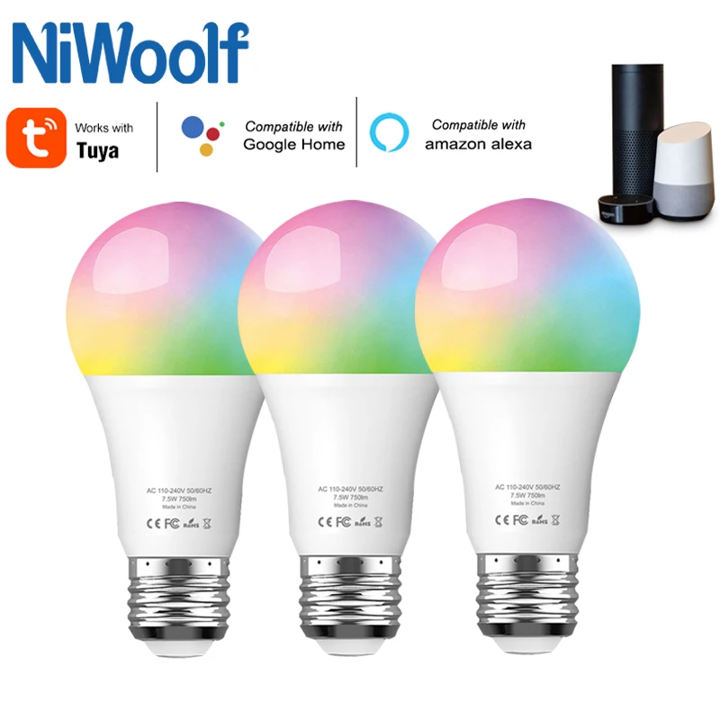 Tuya WiFi Lamp Bulb Smart Home E27 Color Changing 7.5W Compatible With Alexa GoogleTuya APP Timer Dimmer For AC 100-240V smart wifi led bulb compatible with alexa echo and google home full color dimmable amart home e27 e14 b22 10w neon changing lamp