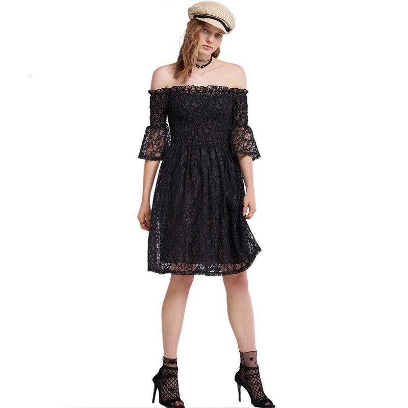 

Women Stars Mesh Lace See Through Off Shoulder Midi Dress Half Sleeve High Waist Solid Black Sexy A Line Dress