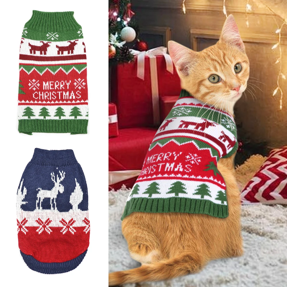 Рождественский свитер со щенком для кошек, зимняя вязаная одежда для маленьких собак, кошек, водолазки, чихуахуа, домашние животные, костюм