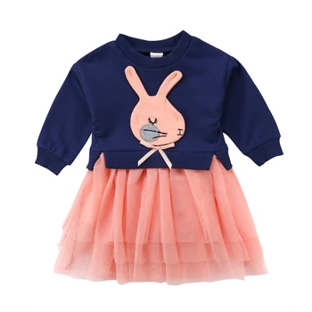 

Long sleeve Bunny Pattern Knit and Mesh Princess Girl Dress